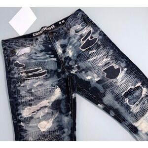 Grindhouse Straight Denim Jeans‎ Mens 36x34 Dark Blue Bleached Thrashed Grunge
